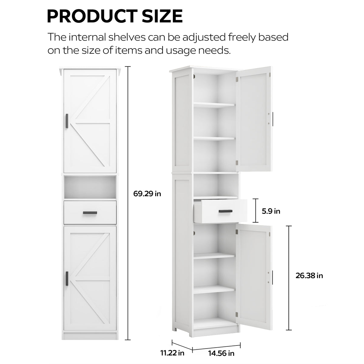69" H Tall Bathroom Storage Cabinet With 2 Barn Doors And 1 Drawer, Narrow Storage Unit, Adjustable Shelves,Floor Cabinet For Bathroom, Living Room, Entryway,Kitchen, White White Particle Board