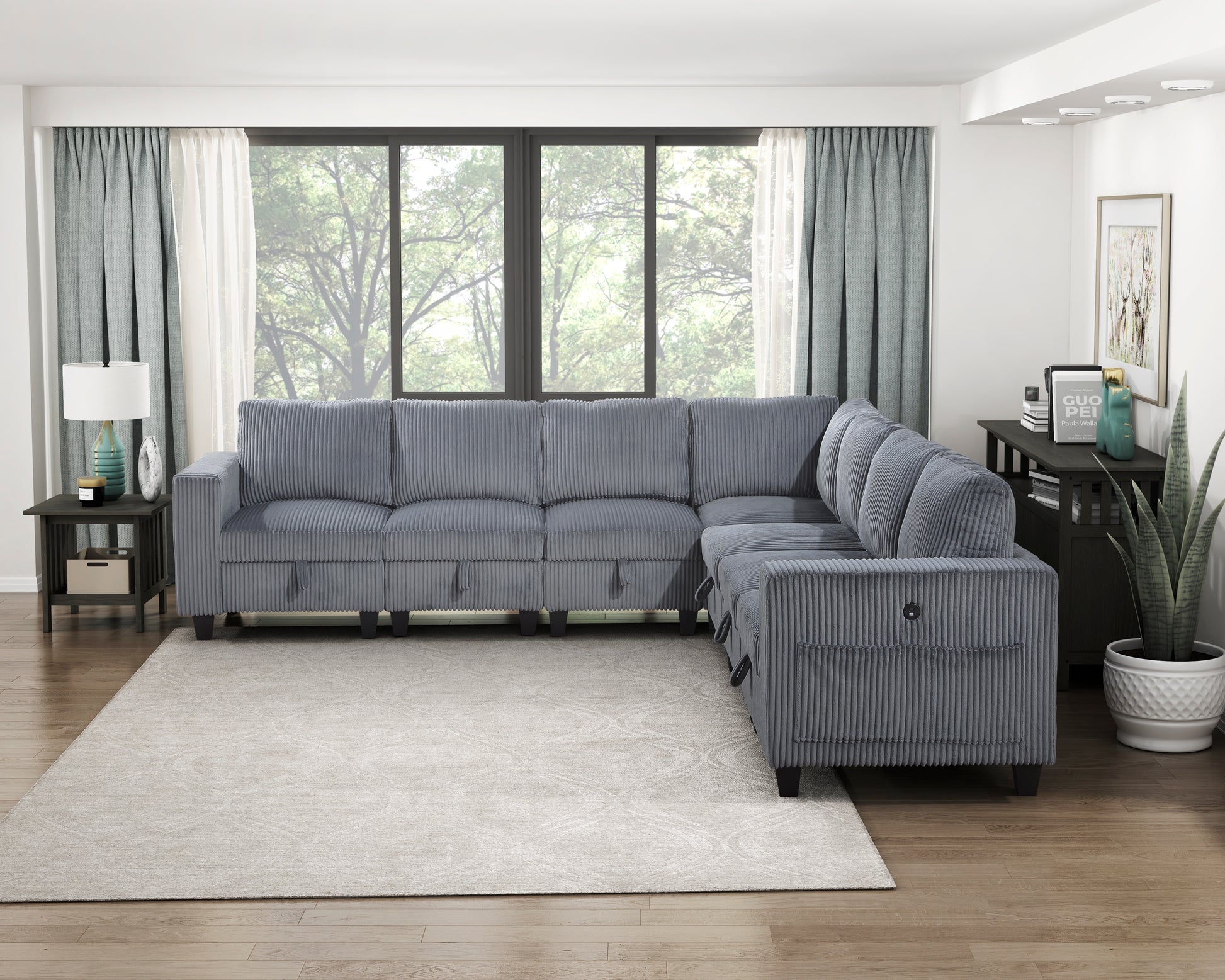 Modern Living Room Furniture 1Pc Dark Gray Chair With One Arm, Storage Pouch And Charging Ports Corduroy Fabric Upholstery Dark Gray Primary Living Space Contemporary,Modern Solid Wood