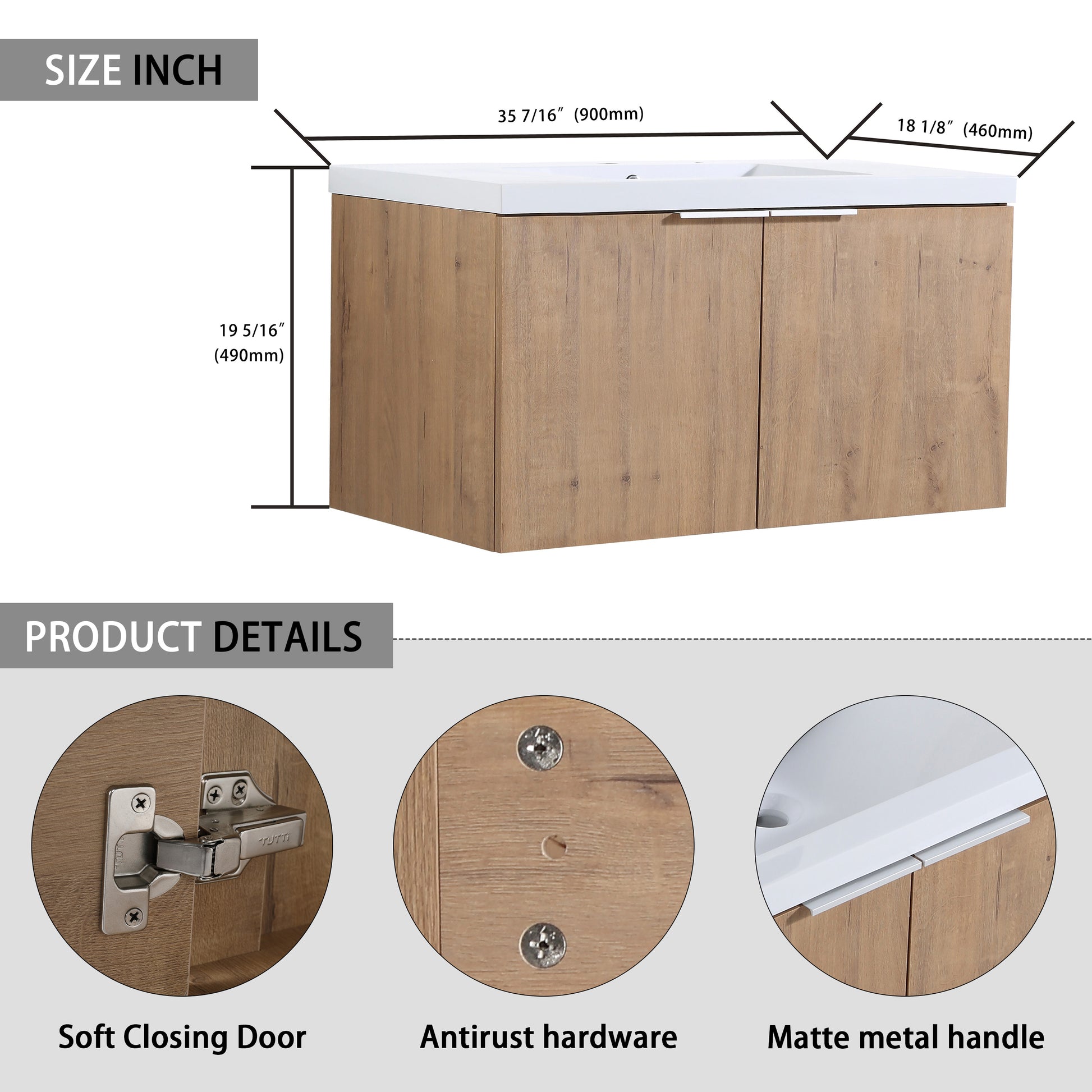 48" Wall Mounted Bathroom Vanity With Sink And Side Cabinet, Soft Close Doors,00112Imo 0636Imo 0612Gwh Combination Cabinet Kd Packing Imitative Oak Bathroom Modern Plywood Plywood