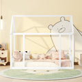 Twin Size Floor Wooden Bed With House Roof Frame And Safety Guardrails ,White Twin White Pine