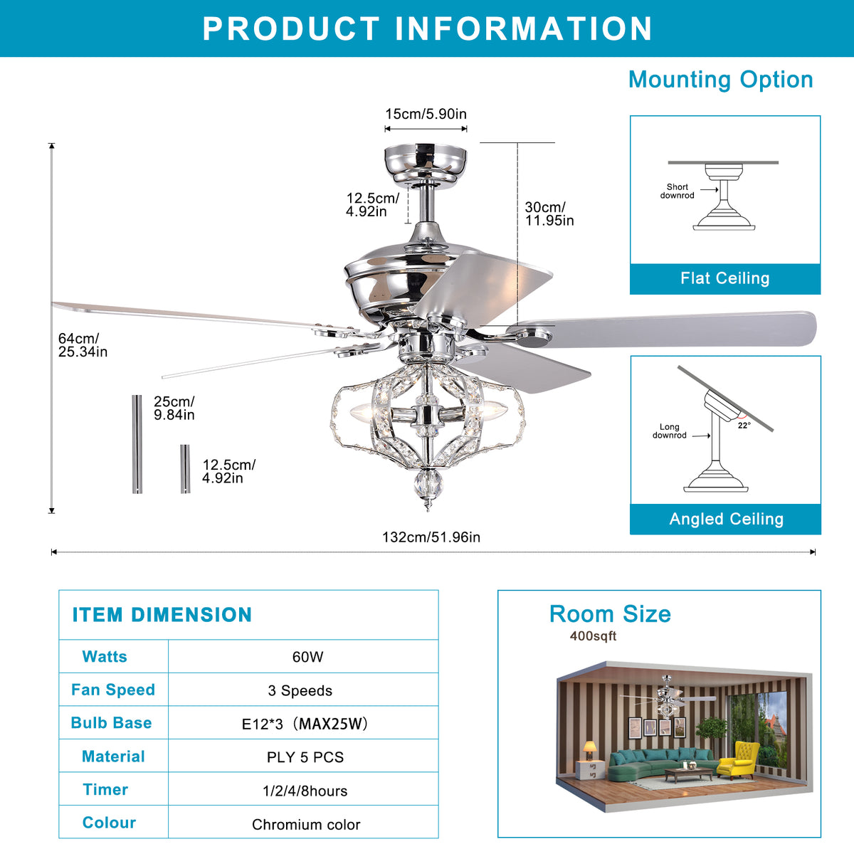 Crystal Ceiling Fan With Lights Fandelier Chandelier Reversible Blades 3 Wind Speeds Remote Control For Bedroom Living Dining Room Chrome 52 Inch Chrome American Design,American Traditional,Retro,Traditional,Vintage Crystal Iron