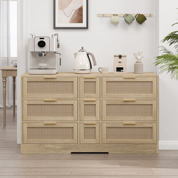 51.2 "Rattan Locker With Drawers, 9 Drawers, Metal Handles For Kitchen, Living Room, Bedroom Natural Natural Mdf