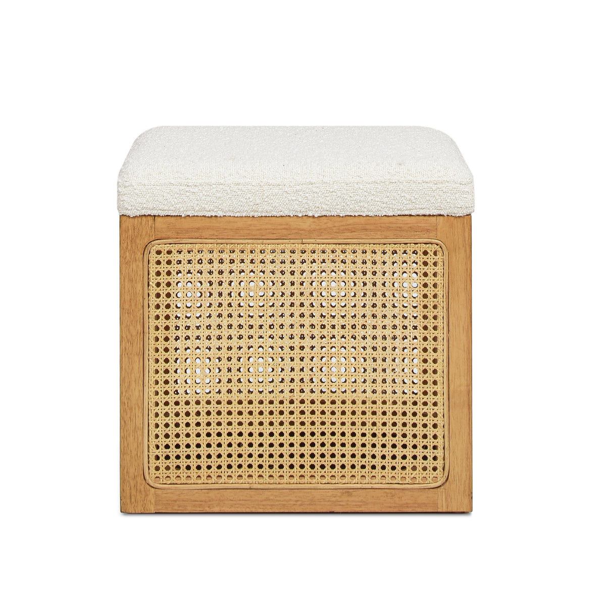 Nina 18" Cane Webbing Cube Ottoman, Ivory White Boucle White Foam Boucle