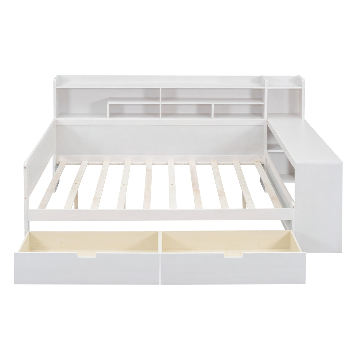 Wooden Full Size Daybed With Storage Shelves, Multi Functional Bed With Two Storage Drawers And Study Desk, Antique White Old Sku: Hl000089Aak Full Antique White Wood