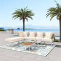 8 Piece Patio Sectional Sofa Set With Tempered Glass Coffee Table And Wooden Coffee Table For Outdoor Oasis, Garden, Patio And Poolside Beige Cushion White Steel Beige Iron