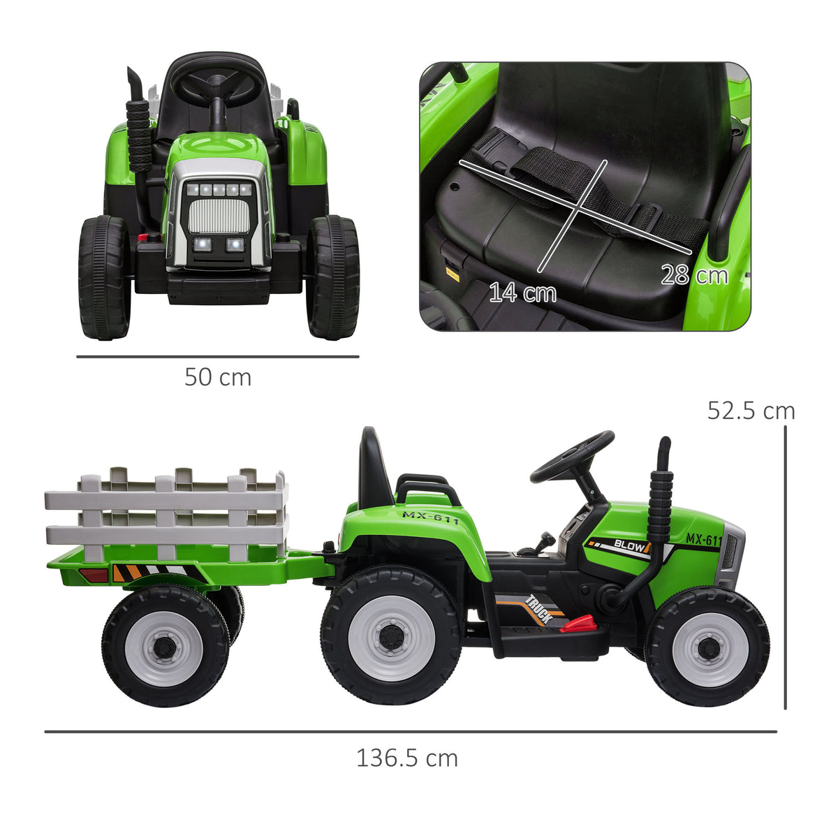 Aosom 12V Ride On Tractor With Trailer, 25W Dual Motors, Battery Powered Electric Tractor With Remote Control, Music Startup Sound And Horn, Led Lights, Green Green Plastic