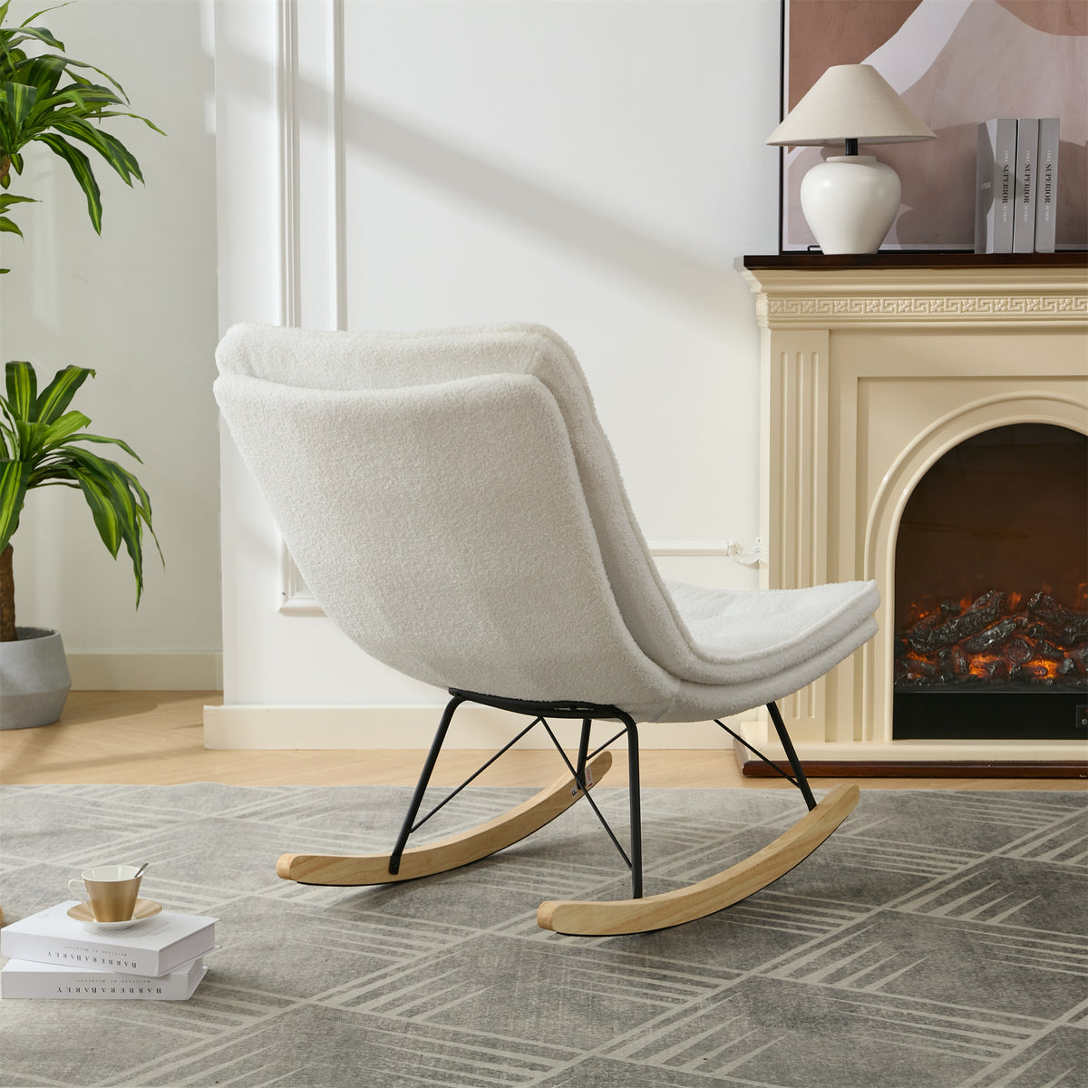 Lazy Rocking Chair,Comfortable Lounge Chair With Wide Backrest And Seat Wood Base, Upholstered Armless Rocker Chair For Living Room, Balcony,Bedroom And Patio Porch. White Cushion Iron White Primary Living Space Sponge Square Casual Rocking Chairs