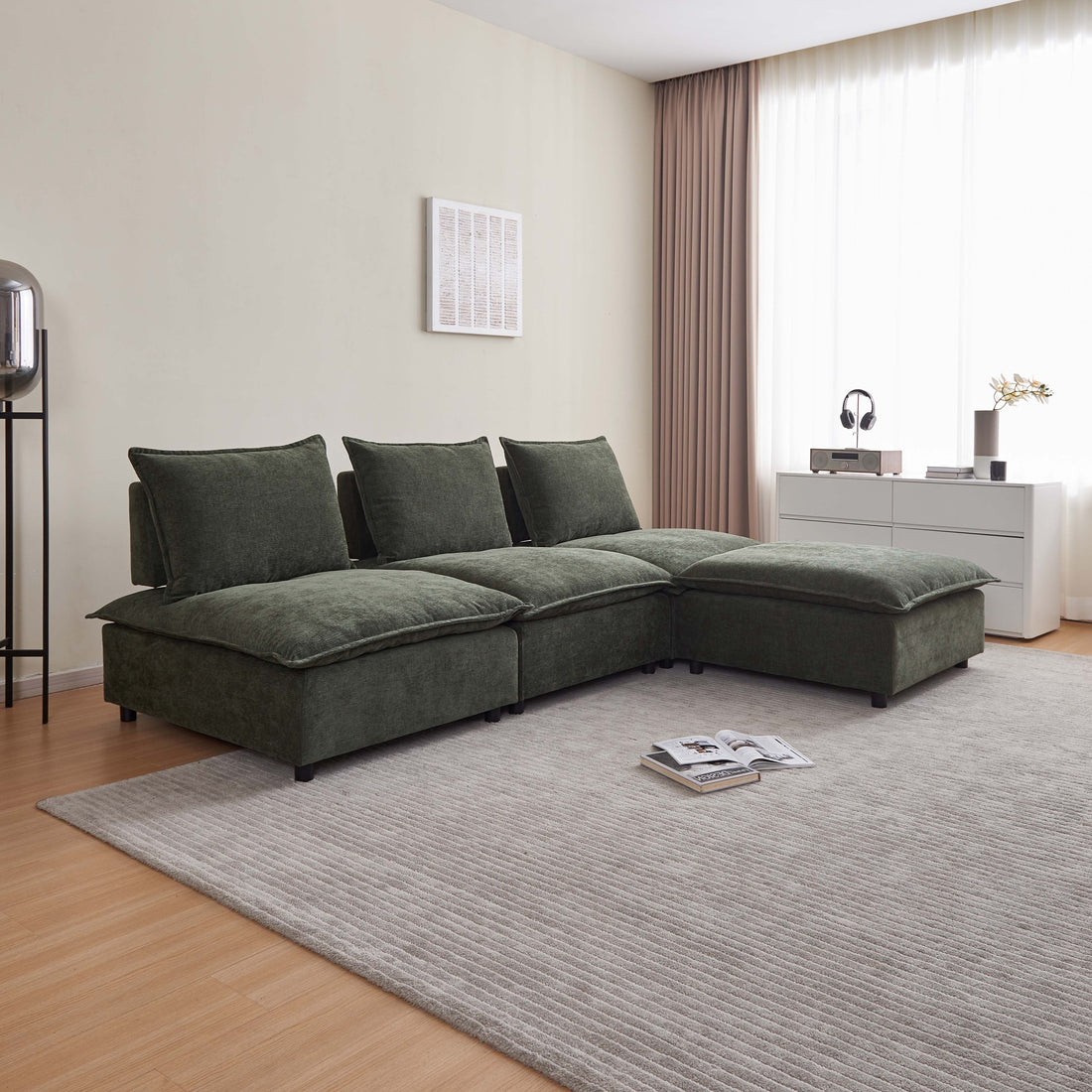 Modern Armless L Shaped Sectional Sofa Couch With Ottoman Modular Design, Durable Construction, Easy Care Upholstery For Living Room, Apartment, Office, Small Space Green Wood Medium Soft Chenille 4 Seat