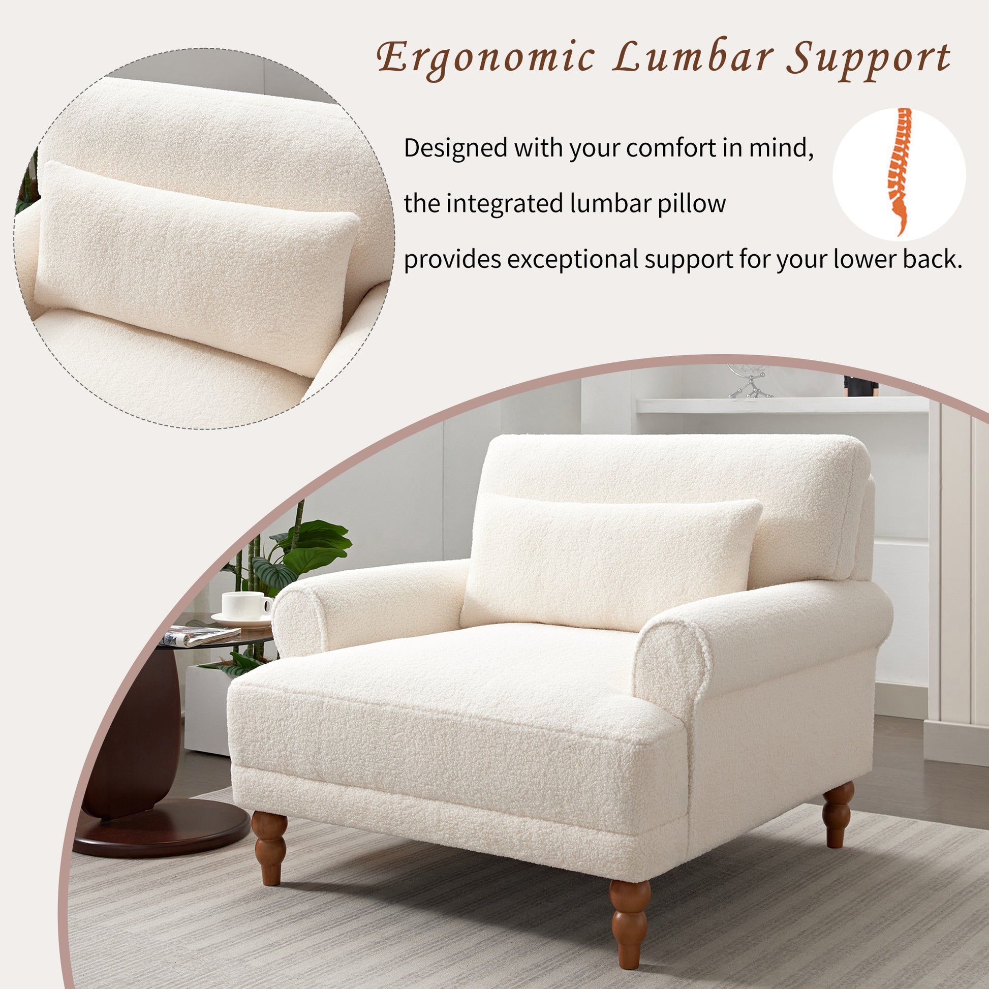 Mirod Elegant Circular Armrests, Ergonomic Lumbar Support, Vintage Roman Column Legs, Luxurious Large Size, Enhances Living Room Aesthetics, For Living Room,Bedroom And Study Beige Boucle