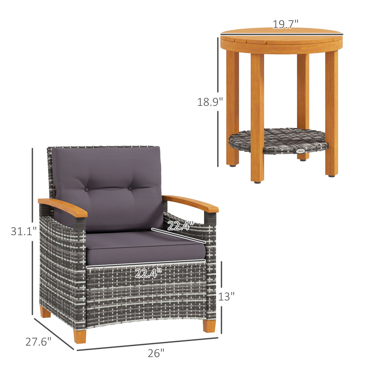 Outsunny 3 Pieces Patio Bistro Set Wooden With Cushions, Pe Wicker Patio Furniture Outdoor For Porch, Backyard, Garden, Gray Gray Rattan Metal