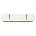 Luxury Fluted Tv Stand For Tvs Up To 80'', Modern Entertainment Center With Storage Cabinets & Drawers, Smooth Media Console With Golden Wood Grain Legs For Living Room, White White Primary Living Space 80 89 Inches Particle Board Mdf