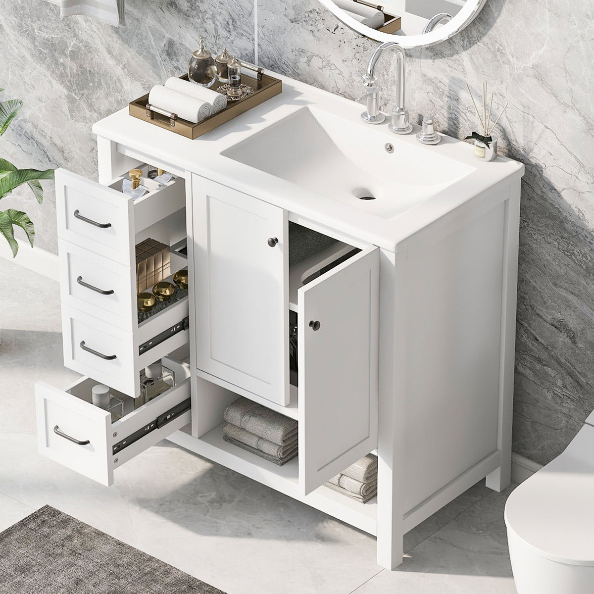 36" Bathroom Vanity With Sink Top, Bathroom Vanity Cabinet With Two Doors And Two Drawers, Solid Wood, Open Shelf, Mdf Boards, One Package, White White Solid Wood Mdf
