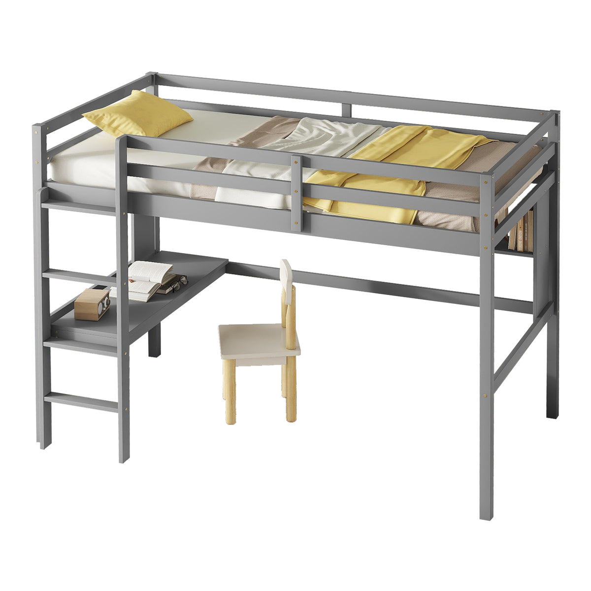 Twin Size Loft Bed With Desk And Shelves, Safety Guardrail And Ladder,Grey Twin Grey Pine