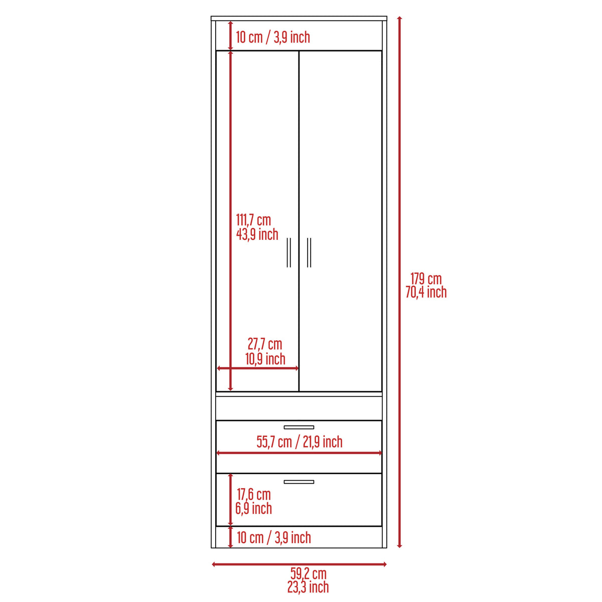 Lisboa Armoire, Rod, Double Door, Two Drawers, Metal Handles Black Particle Board Engineered Wood