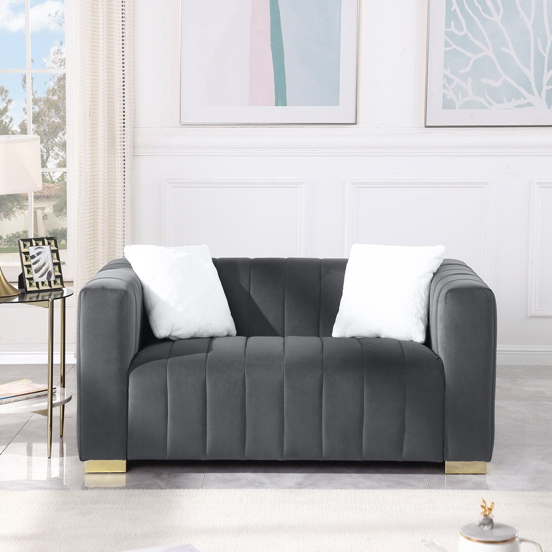 A Modern Channel Sofa Take On A Traditional Chesterfield,Grey Color,Seater Grey Velvet 2 Seat