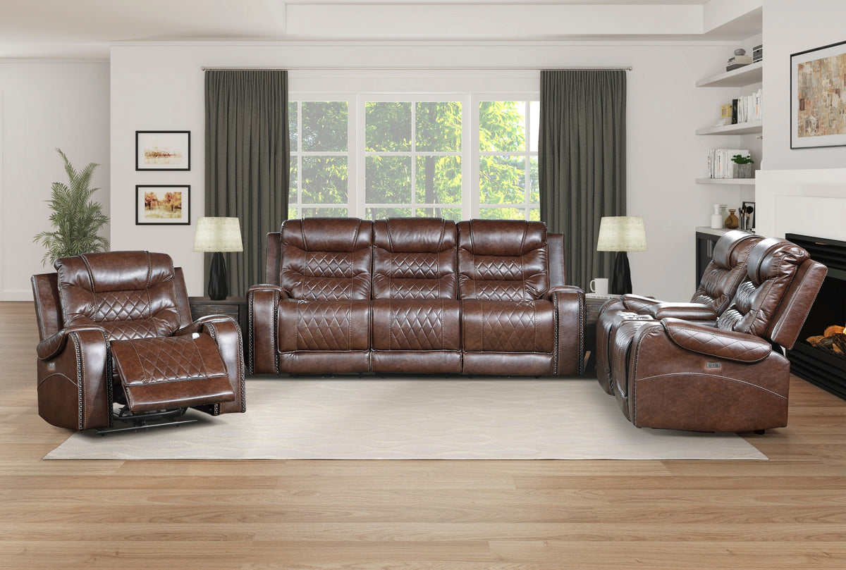 Luxurious Living Room Furniture Brown Diamond Pattern Stitching 1Pc Power Double Reclining Sofa With Center Drop Down Cup Holders, Usb Ports,Faux Leather Upholstery Brown Faux Leather Wood Primary Living Space Luxury,Modern Solid Wood 3 Seat