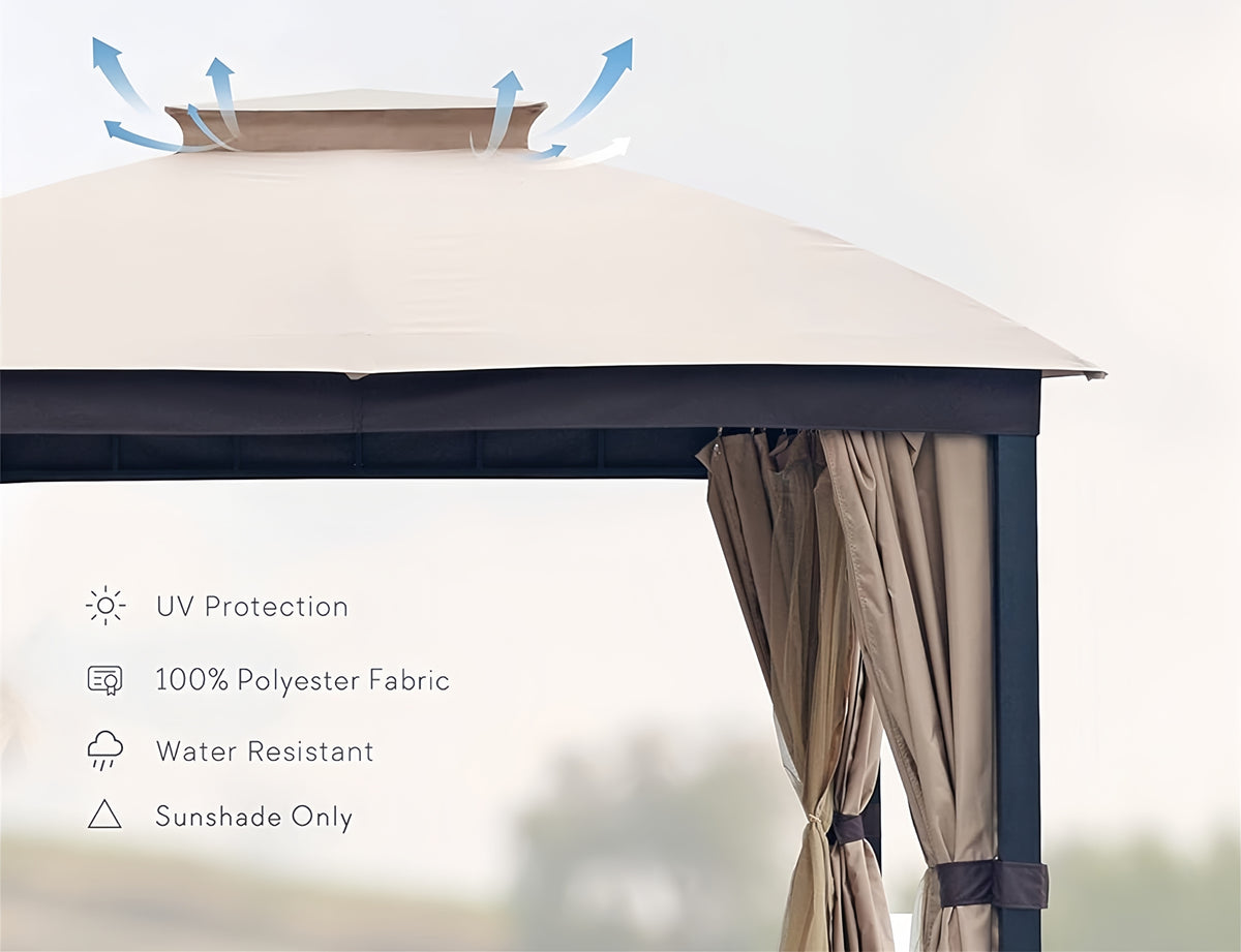 10X10Ft Softtop Metal Gazebo With Mosquito Net&Sunshade Curtains,Sturdy Heavy Duty Double Roof Canopy,Galvanized Steel Design Outdoor Tent,Suitable For Gardens,Patio,Backyard Beige Rectangular None Garden & Outdoor Water Resistant Gazebos Anchored Fabric