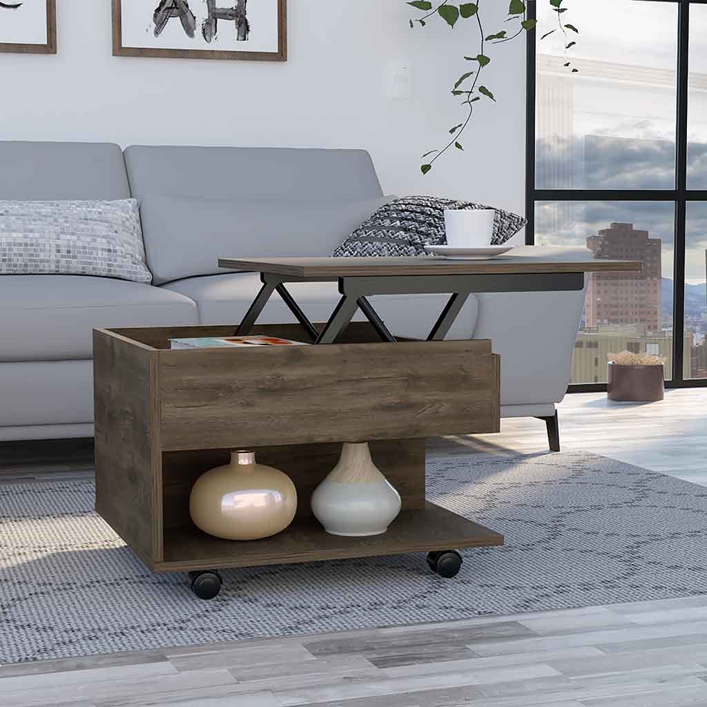 Luanda Lift Top Coffee Table, Casters, One Shelf Dark Brown Brown Freestanding Rectangular Coffee & End Tables Rectangular Particle Board Particle Board