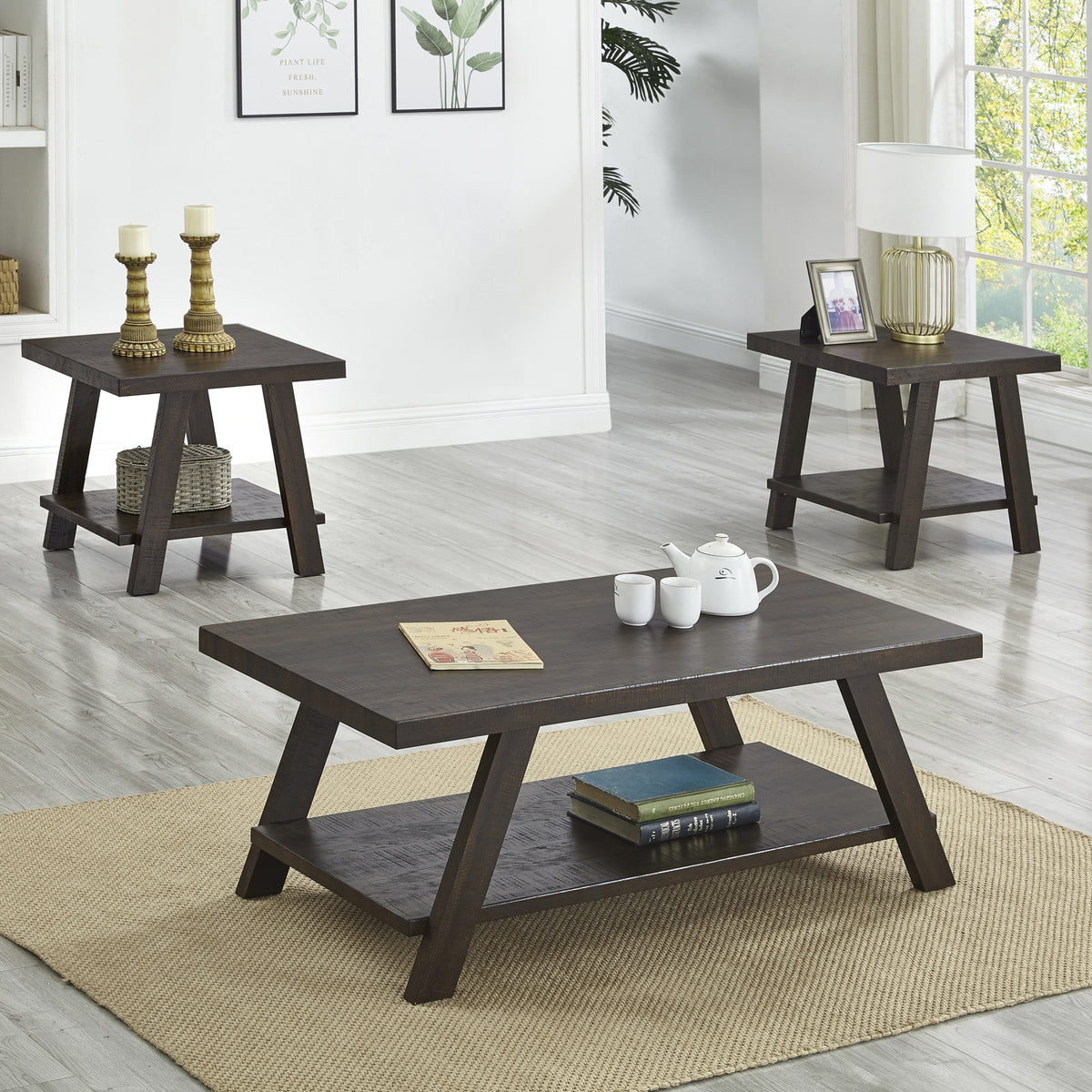 Athens Contemporary 3 Piece Wood Shelf Coffee Table Set In Weathered Espresso Espresso Primary Living Space Rectangular Coffee & End Tables Rectangular Mdf