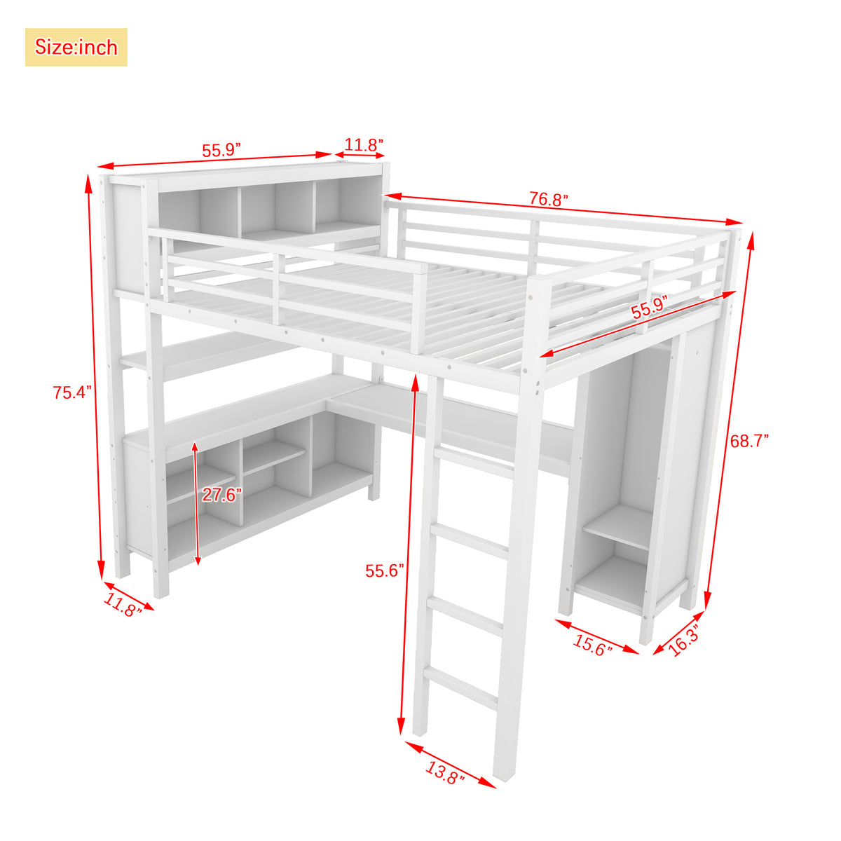 Metal Loft Bed With Wardrobe And L Shaped Desk, Full Size Loft Bed With Storage Cubes And Shelves, Heavy Duty Loft Bed For Kids Teens Adults, White Full Off White Metal