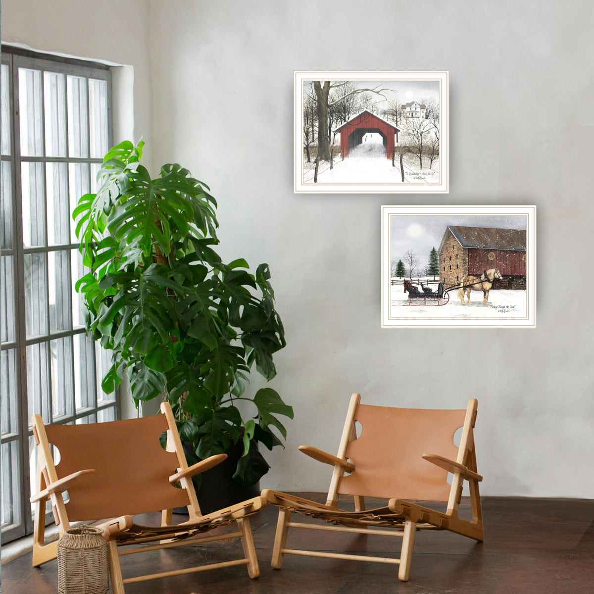 2 Piece Vignette Sleigh Ride To Grandma'S White Framed Wall Art For Living Room, Bedroom Wall Art Print For Home Decor By Billy Jacobs Multi Wood Paper
