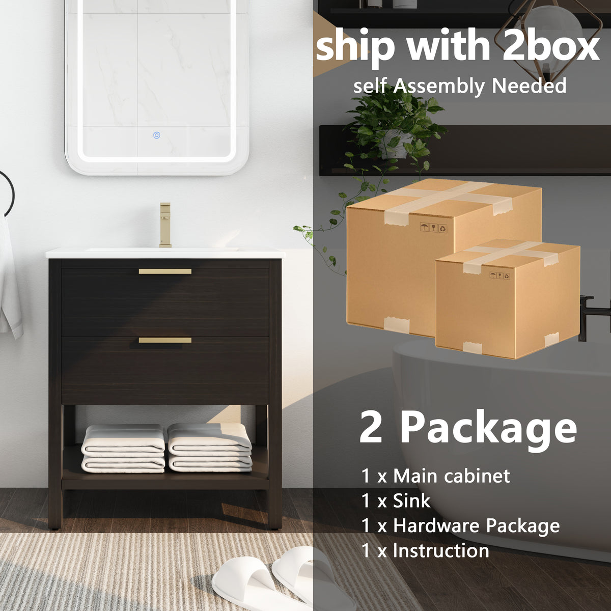 30 Inch Bathroom Vanity With Sink And 2 Soft Close Drawers, Golden Handle Bvb01030Bctg Bl9075B Black Chestnut Bathroom Modern Plywood
