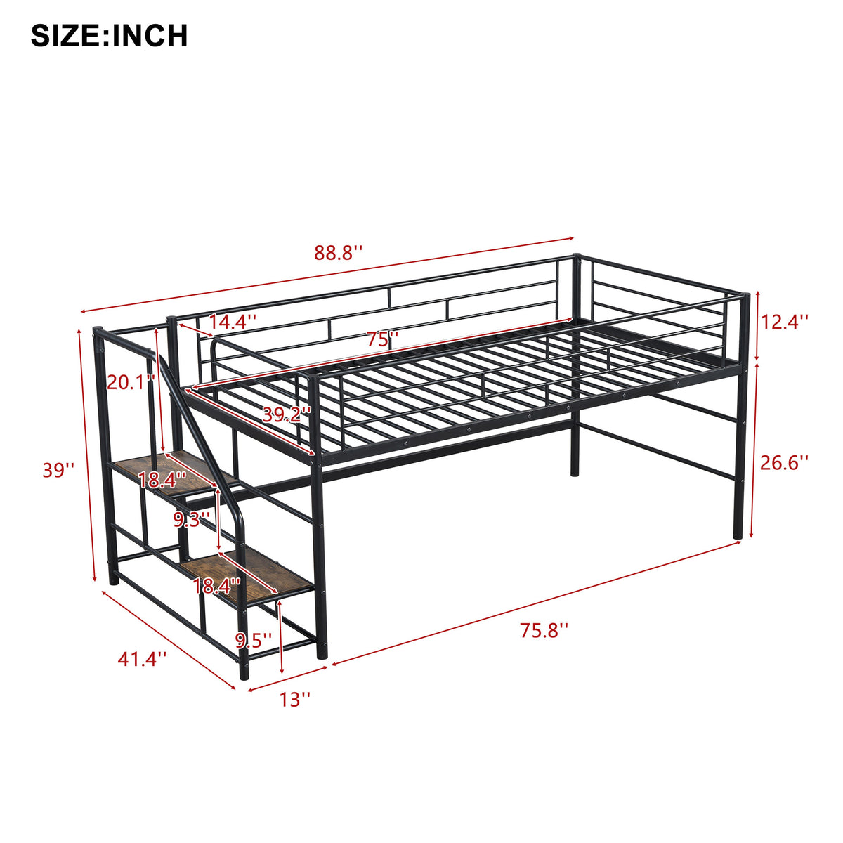 Mid Loft Bed With Storage Stairs, Twin, Black Twin Black Mdf Metal