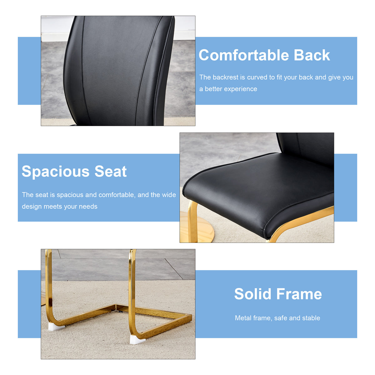 Luxury Simple Arch Chair Set Of 2 Black Pu Material High Resilience Dining Chair With Arched Metal Gold Leg. Black Gold Set Of 2 Metal,Pu