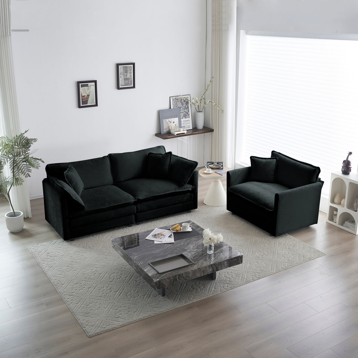 2 Seater Loveseat And Chair Set, 2 Piece Sofa & Chair Set, Loveseat And Accent Chair2 Piece Upholstered Chenille Sofa Living Room Couch Furniture 1 2 Seat ,Black Chenille Black Chenille 3 Seat