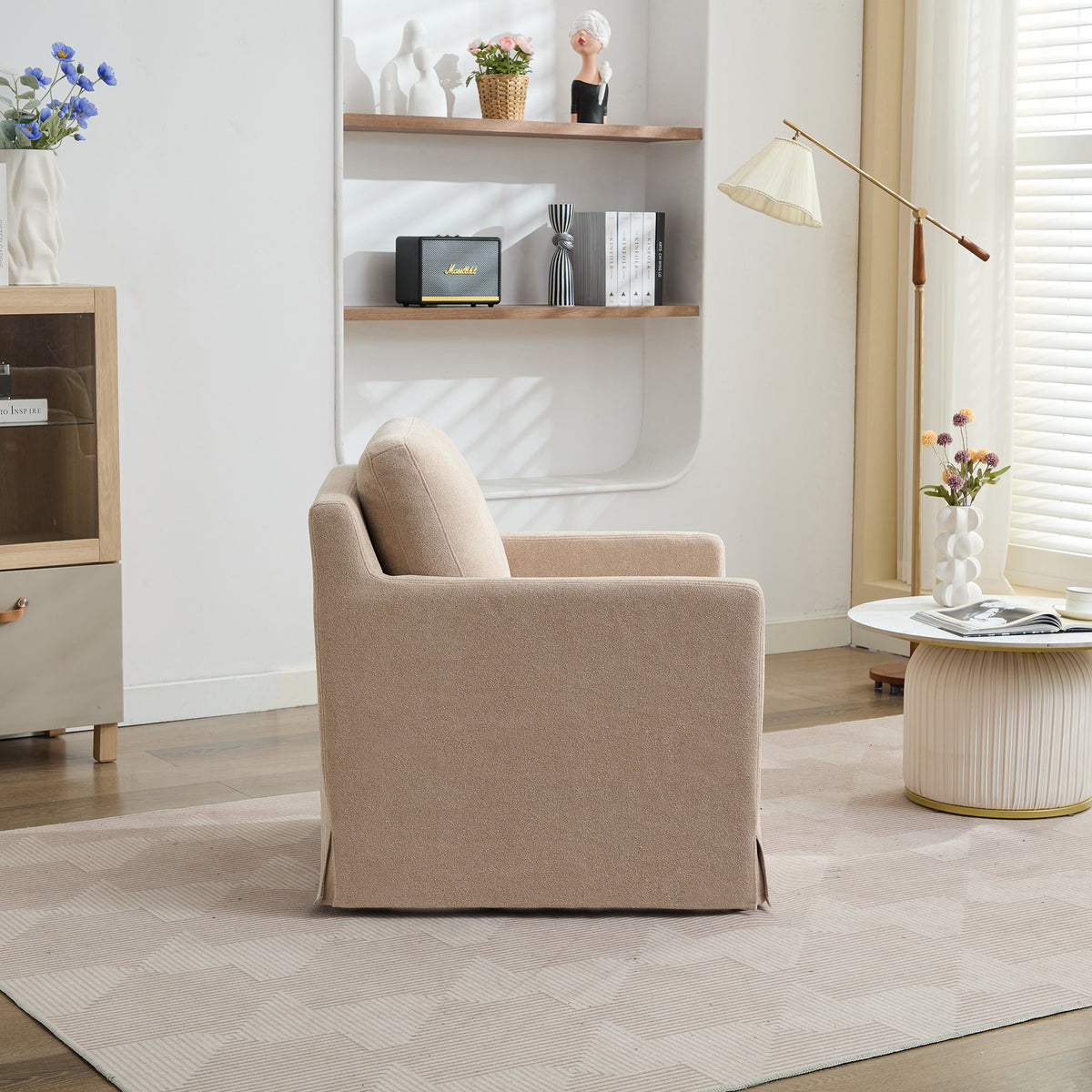 29.92'' Swivel Accent Chair, Upholstered Skirted Swivel Chair With Removable Back Cushion, 360 Degree Comfy Armchair For Living Room, Nursery, Lounge,Office,Wheat Chenille Wheat Chenille