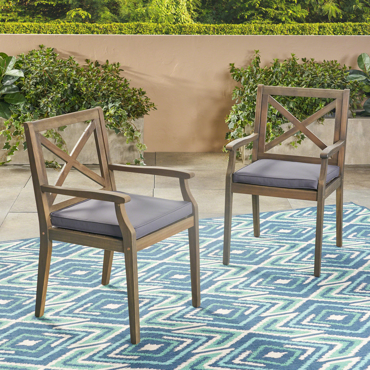Perla Dining Chair,2Pcs With 2 Cushions Dark Grey Acacia Wood