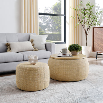 Round Storage Ottoman, Woven Rattan Fabric Ottoman, 2 In 1 Function, Work As End Table And Ottoman,With Small Seat Nature 25"X25"X14.7" Natural Foam