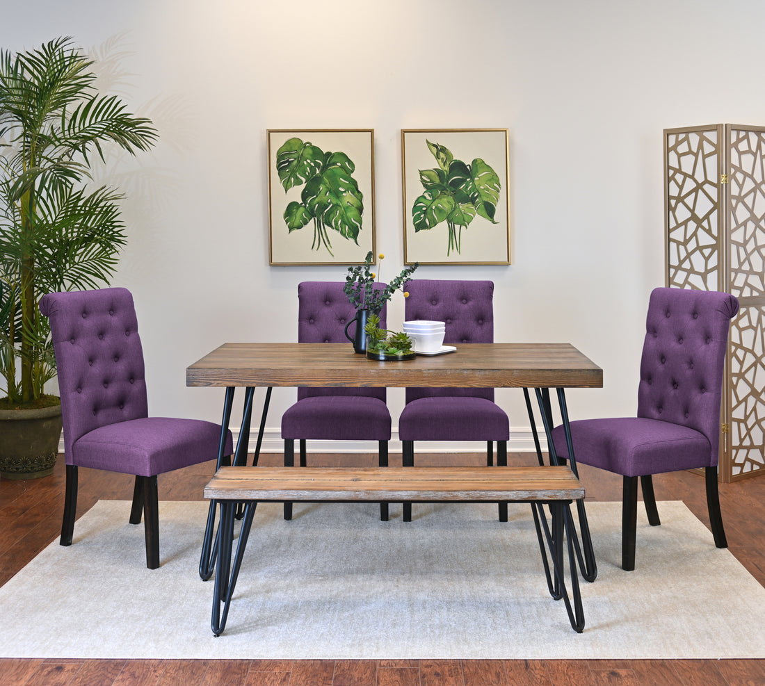 Ashford 6 Piece Dining Set, Hairpin Dining Table With 4 Chairs And Bench, 4 Color Options Brown Metal Dining Room Fixed Table Rubberwood Rectangular Dining Table With Chair And Bench Wood Wood Brown Seats 6 Rectangular 4 Leg Mdf Metal
