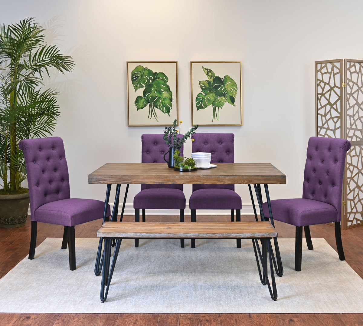 Ashford 6 Piece Dining Set, Hairpin Dining Table With 4 Chairs And Bench, 4 Color Options Brown Metal Dining Room Fixed Table Rubberwood Rectangular Dining Table With Chair And Bench Wood Wood Brown Seats 6 Rectangular 4 Leg Mdf Metal