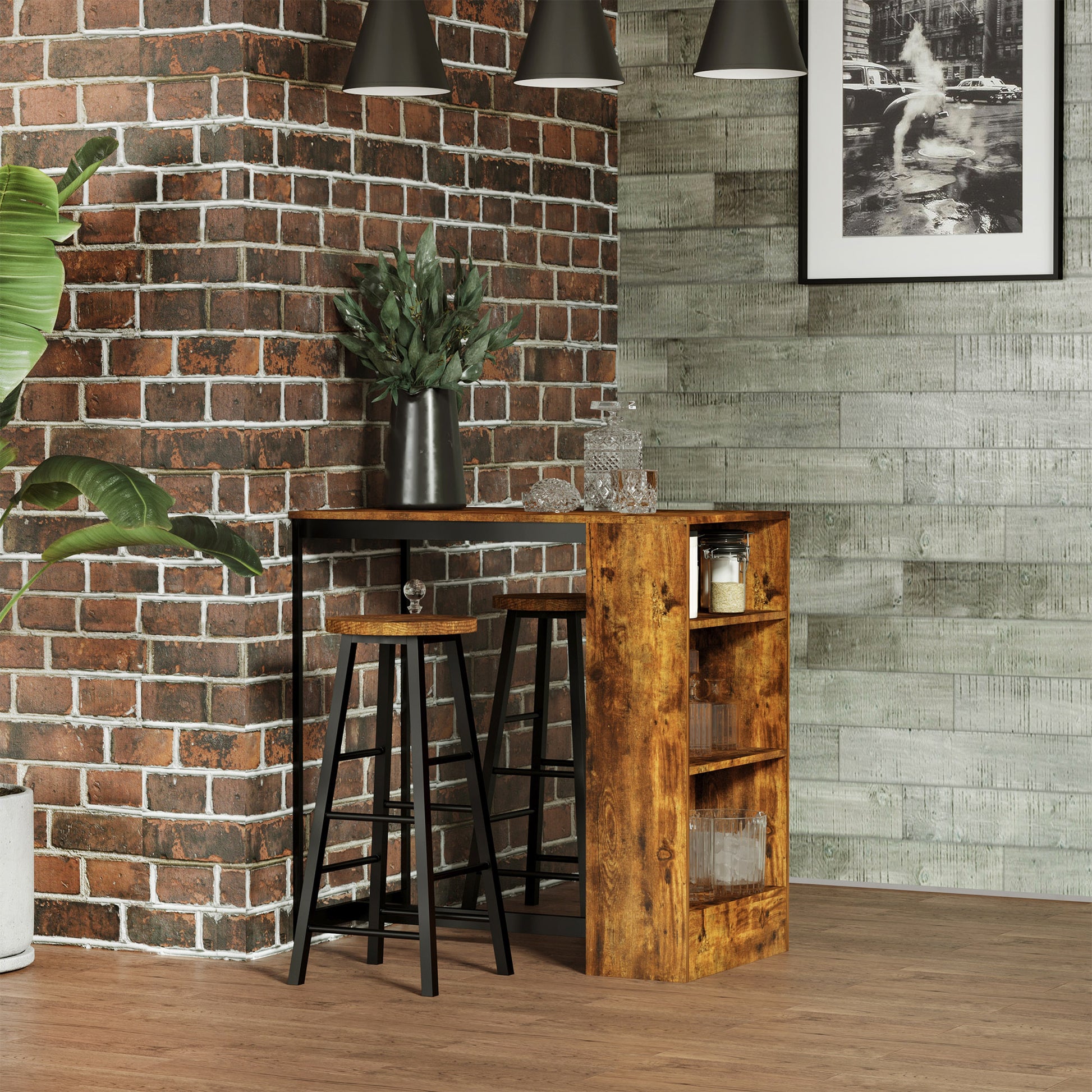 Homcom 3 Piece Industrial Pub Table And Chairs, Counter Height Bar Table And Stools Set With Storage Shelf, Rustic Brown Rustic Brown Particle Board