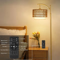 Gold Floor Lamps For Living Room With Remote & Dimmable Led Bulb, Modern Arc Floor Lamp With 3 Color Temperatures, Boho Standing Lamp With Rattan & Fabric Shades, Adjustable Tall Lamp For Bedroom Brown Gold Rattan Metal