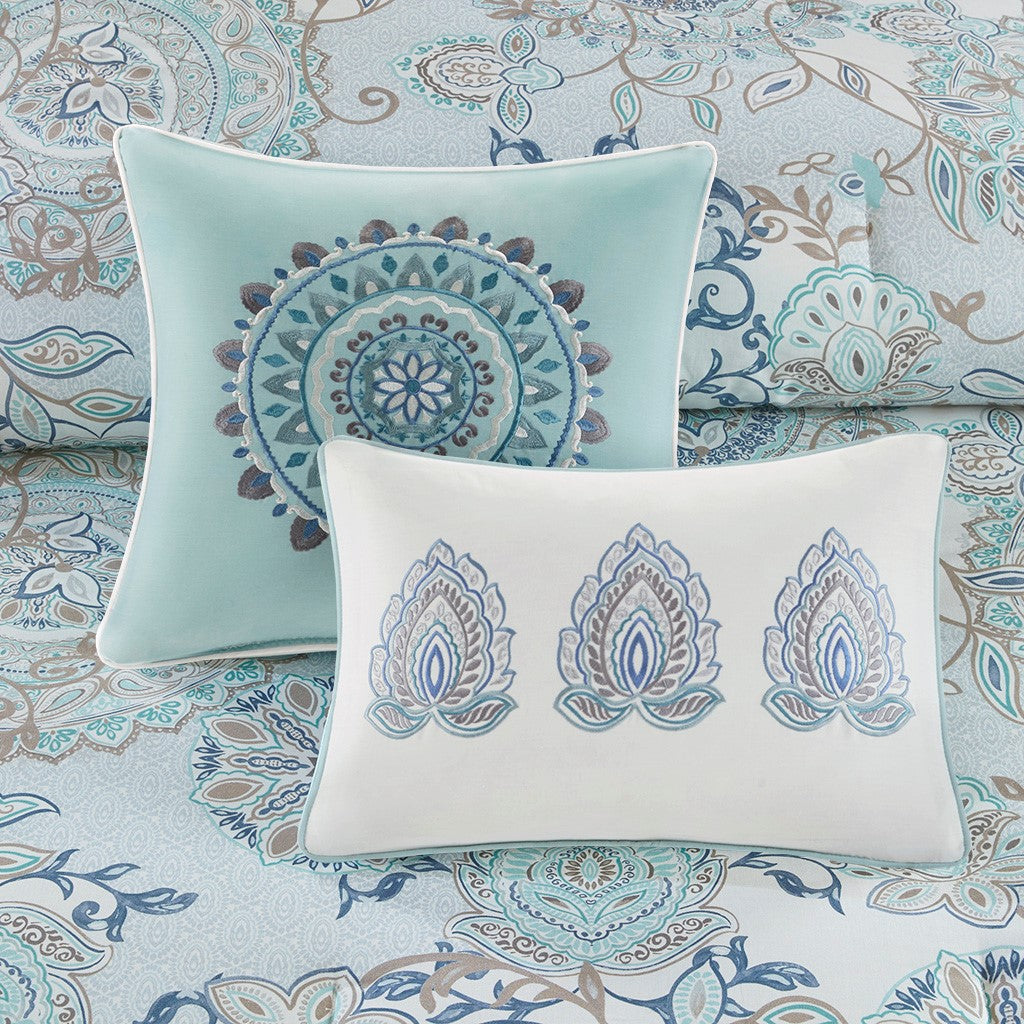 8 Piece Cotton Floral Printed Reversible Comforter Set Blue Queen Queen Blue Cotton