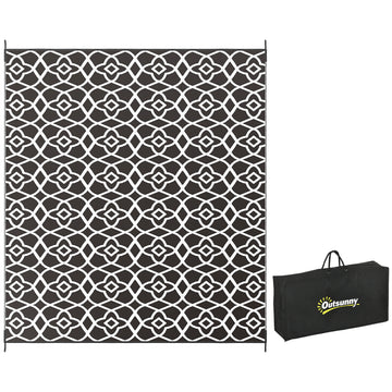 Outsunny Reversible Outdoor Rug, 8' X 10' Waterproof Plastic Straw Floor Mat, Portable Rv Camping Carpet With Carry Bag, Large Floor Mat For Backyard, Deck, Picnic, Beach, Black & White Cr Multicolor Polypropylene