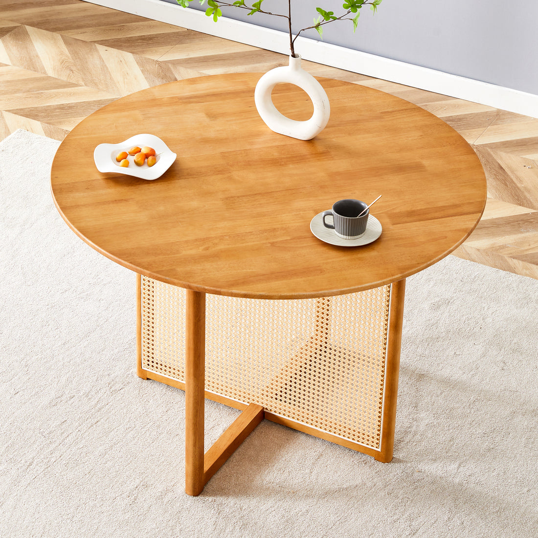 Chinese Countryside Retro Solid Wood Round Table, Simple Modern Imitation Rattan Table, Wooden Table, Desk. Suitable For Dining Room, Living Room, Office Wood Rubber Wood