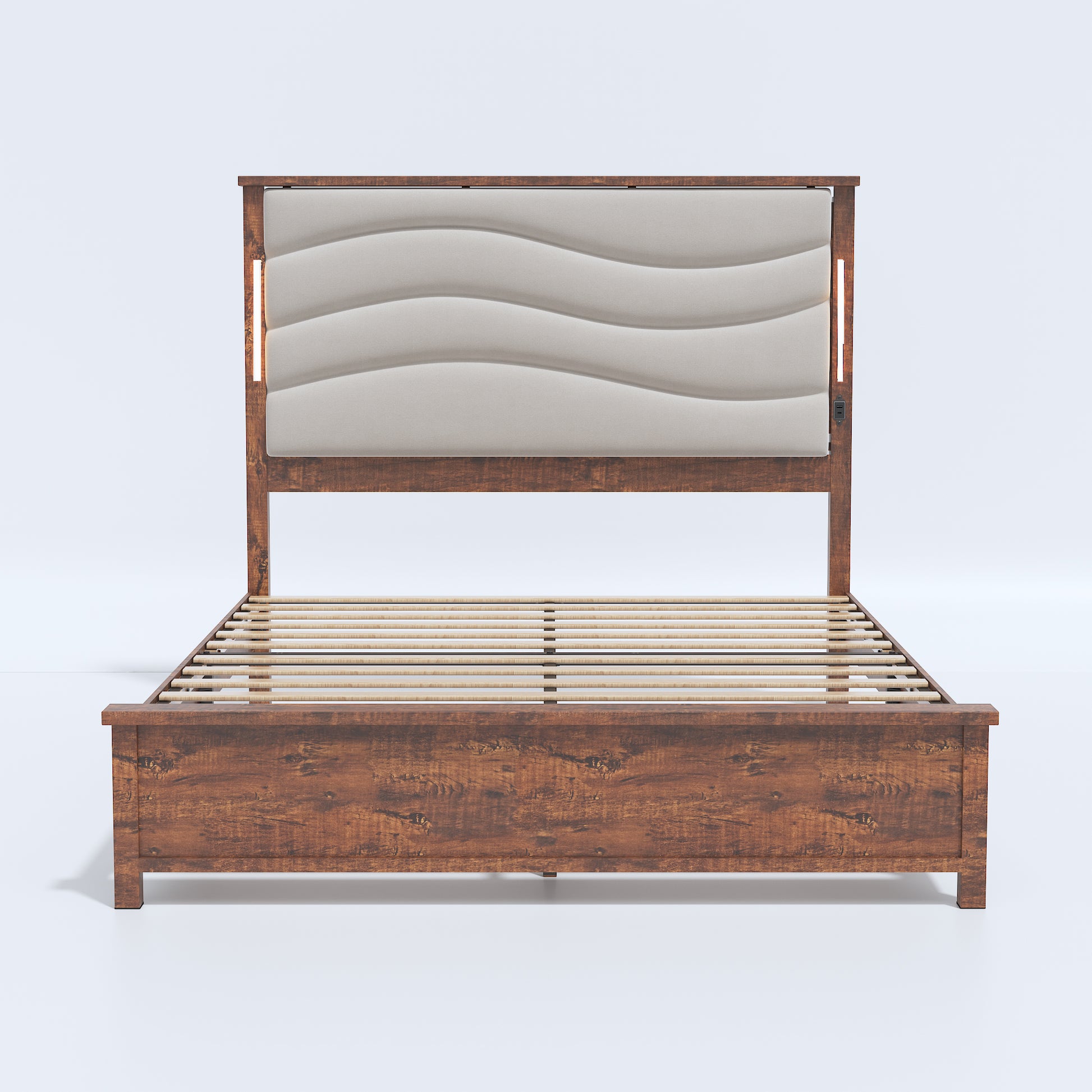 Queen Size Bed Frame With Upholstered Headboard, Queen Bed Frame With Charging Station And Led Lights, Wood Slats, Beige Linen, No Box Spring Needed, Easy Assembly Box Spring Not Required Queen Beige Wood Bedroom Bed Frame Linen Mdf Metal
