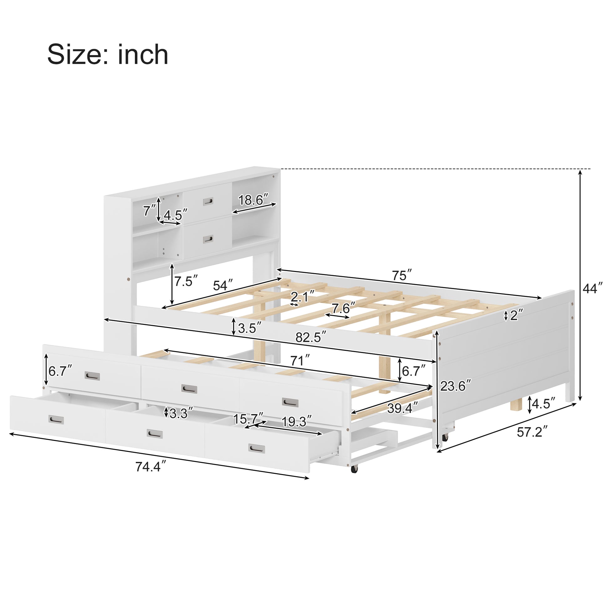 Full Size Captain Bed With Storage Bookcase Headboard,Captain Bed With Trundle And Three Storage Drawers For Kids Teens Dorm Bedroom Multipurpose Guest Room Or Home, White Box Spring Not Required Full White Wood Solid Wood Mdf