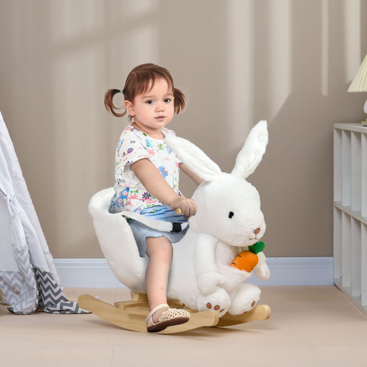 Qaba Baby Rocking Horse, Riding Horse, Bunny Rabbit Themed Rocker With Carrot Toy, Realistic Sound, & Pedals For Boy Girl Aged 18 36 Months, White White Plastic