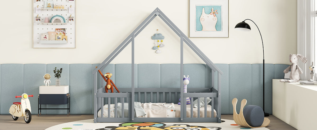 Twin Wood House Shaped Floor Bed With Fence, Guardrails ,Grey Twin Grey American Design Pine