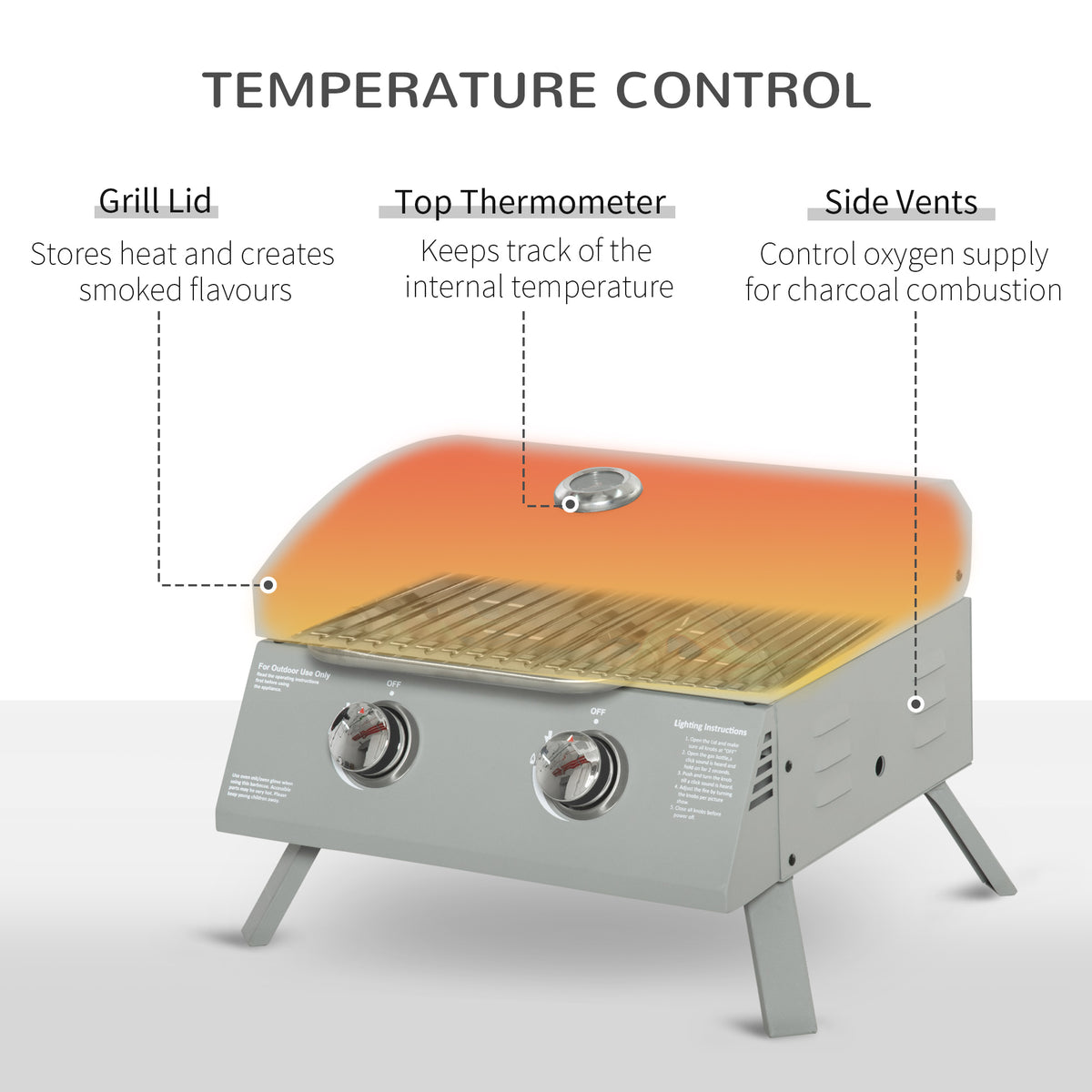 Outsunny 2 Burner Propane Gas Grill Outdoor Portable Tabletop Bbq With Foldable Legs, Lid, Thermometer For Camping, Picnic, Backyard, Light Grey Light Grey Steel