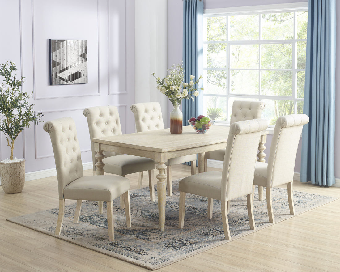 Amonia 7 Piece Dining Set, Turned Leg Dining Table With 6 Tufted Chairs Light Brown Wood Dining Room Fixed Table Rubberwood Rectangular Dining Table With Chair Wood Wood Beige Brown Seats 6 Rectangular 4 Leg Mdf