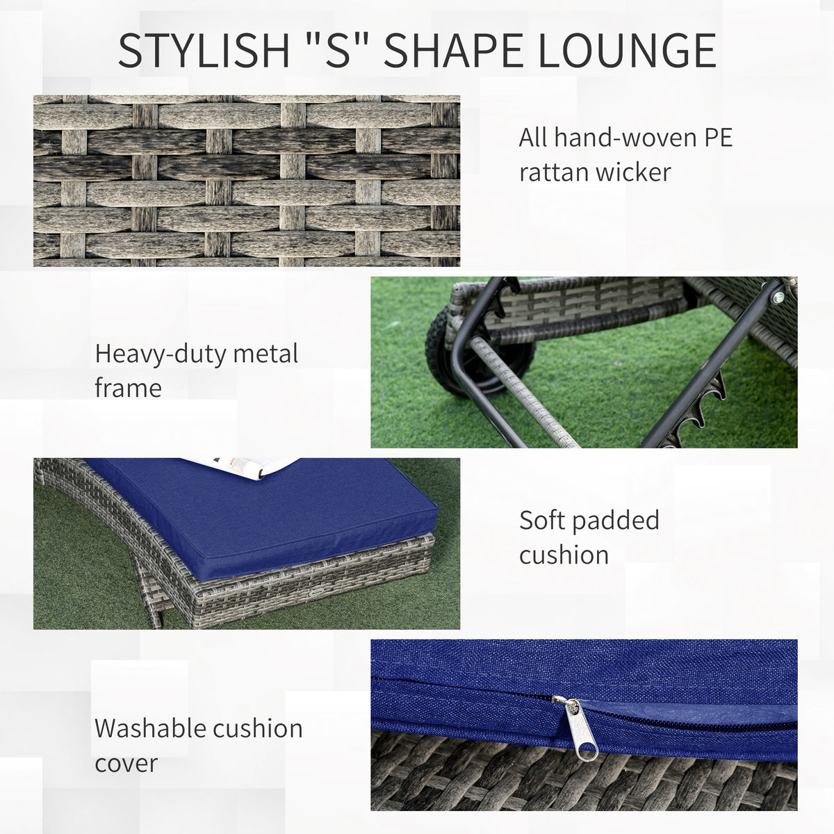 Outsunny Chaise Lounge Pool Chair, Outdoor Pe Rattan Cushioned Patio Sun Lounger W 5 Level Adjustable Backrest & Wheels For Easy Movement, Wicker, Dark Blue Blue Steel