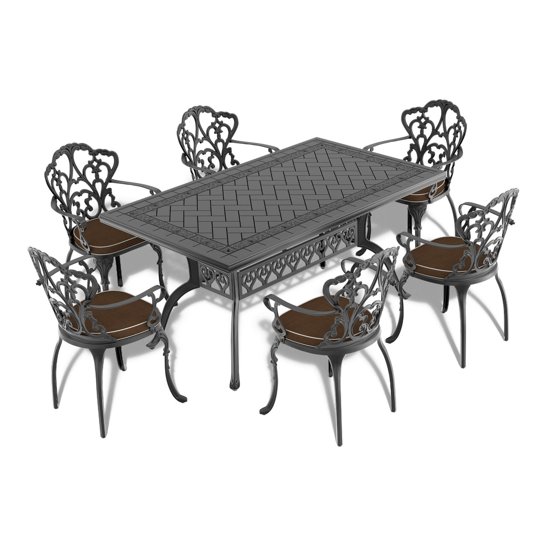 Cushions In Random Colors 7 Piece Set Of Cast Aluminum Patio Furniture With Cushions Yes Dining Set Black Seats 6 Rust Resistant Frame Water Resistant Cushion Garden & Outdoor Complete Patio Sets Aluminium