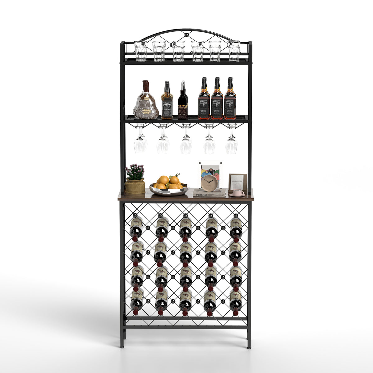 Industrial Wine Rack Bar Table, 3 Tier Liquor Bottle And Glass Holder With Storage Shelves, Metal And Wood Wine Organizer For Home Kitchen, Dining Room, And Living Room Black Brown Kitchen American