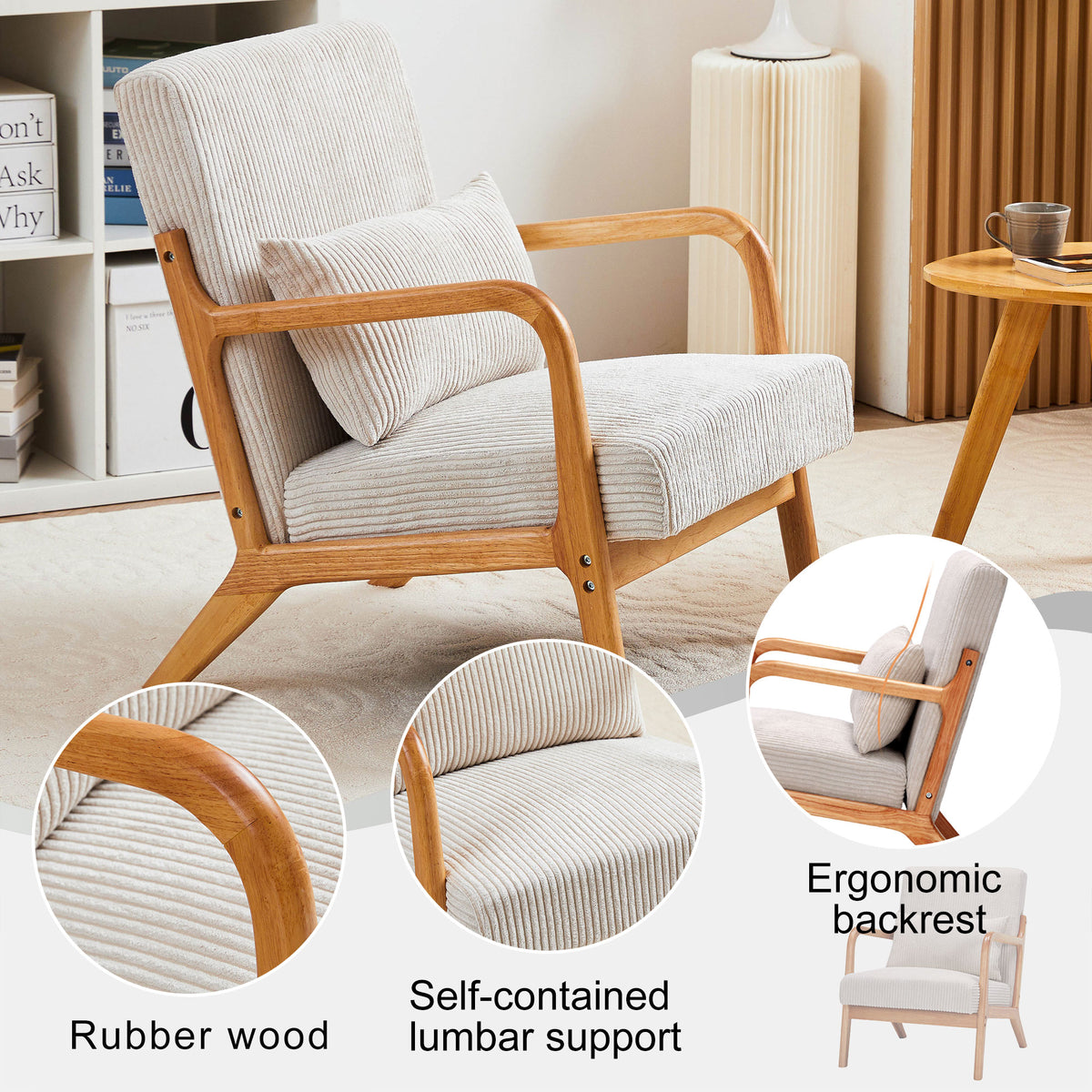 Mid Century Modern Accent Chair, Arm Chair Living Room Chairs With Pillow Upholstered Reading Chair With Solid Wood Frame & Living Room Bedroom Balcony Beige Beige Brown Primary Living Space