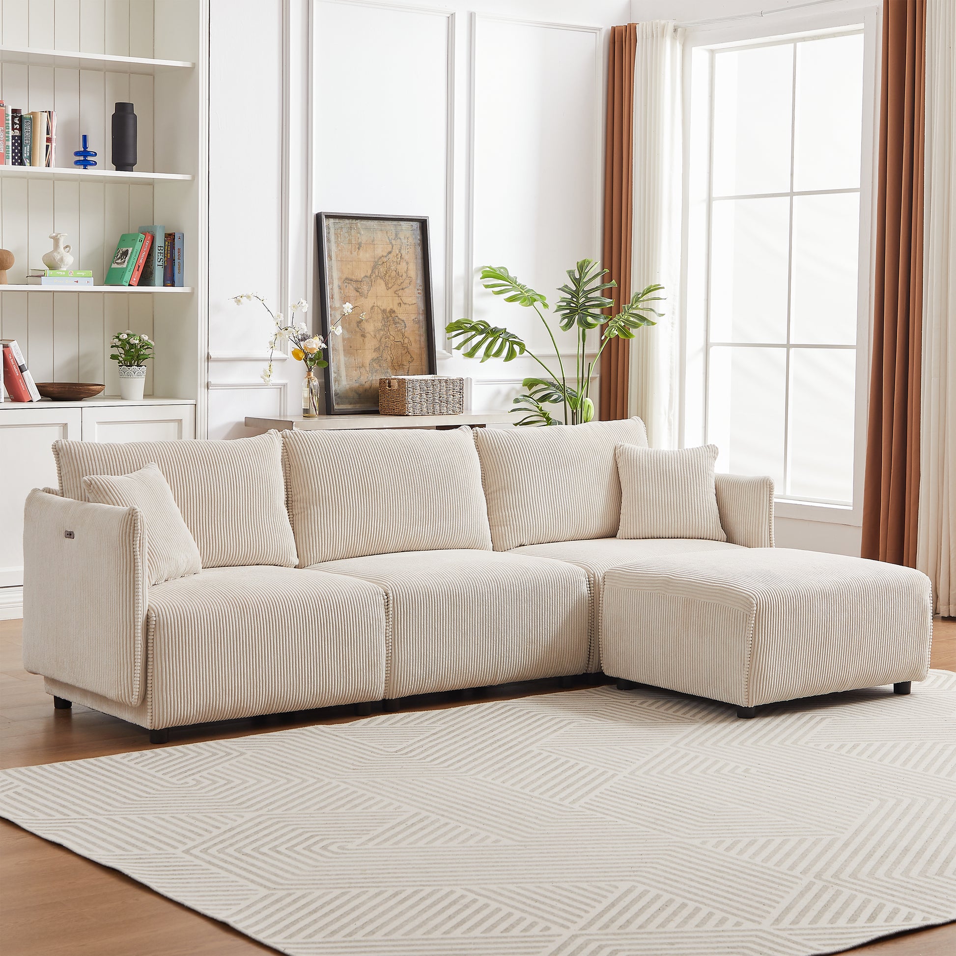 Multi Module Combination Style Sofa For Living Room, Bedroom And Other Lounge Spaces, Modern Minimalist Corduroy Combination Sofa With 2 Comfort Cushions With Usb & C Charging Ports,Beige,Two Sets Beige Foam Fabric 8 Seat